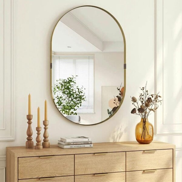 Wall Mirror, Bathroom Mirror with Elevated Aluminium Alloy Frame, 60 x 90 cm, Gold Tone