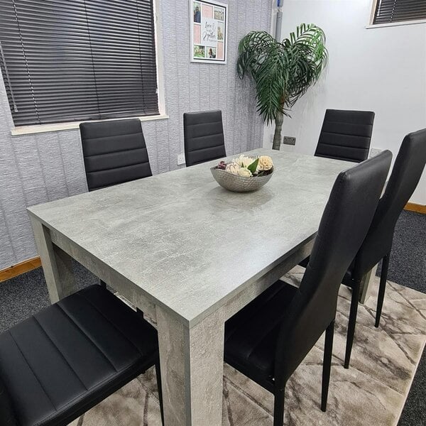 Kosy Koala Stone Grey Effect Dining Table Set with 6 Black Chairs ? Stylish Dining Room Furniture Set