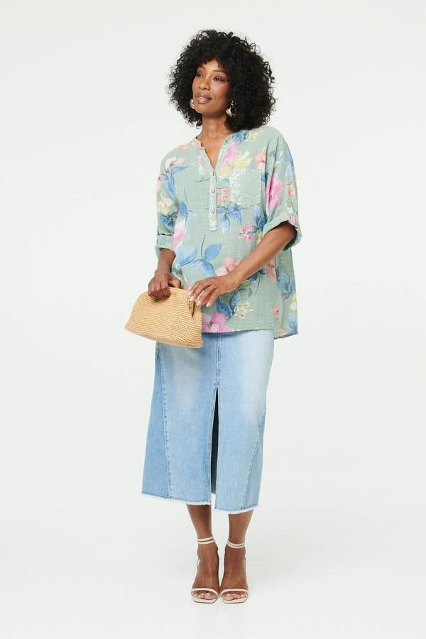 Sage | Floral Curve Hem Turn-Up Sleeve Blouse