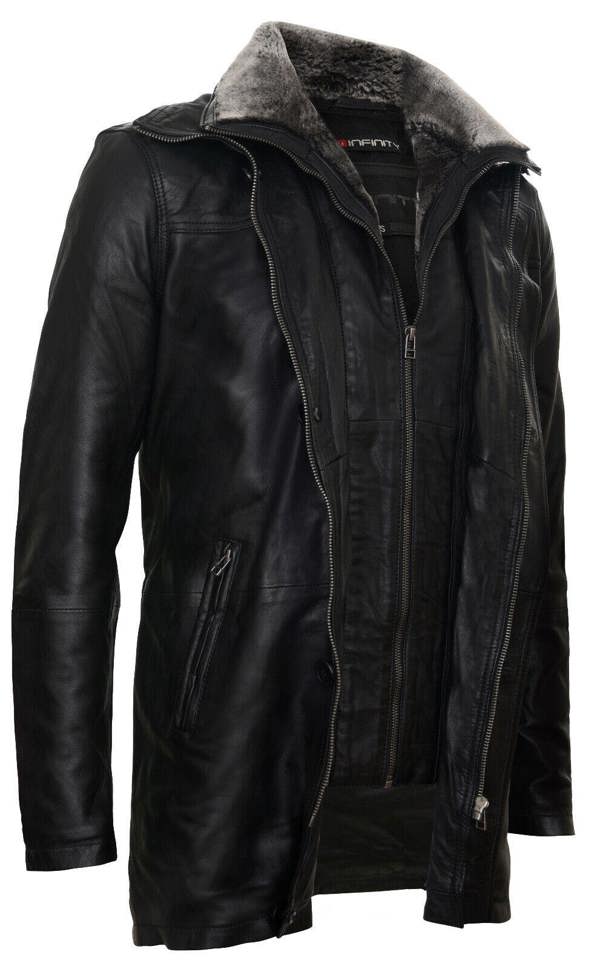 Infinity Leather Mens Removable Collar Mid Length Warm Jacket
