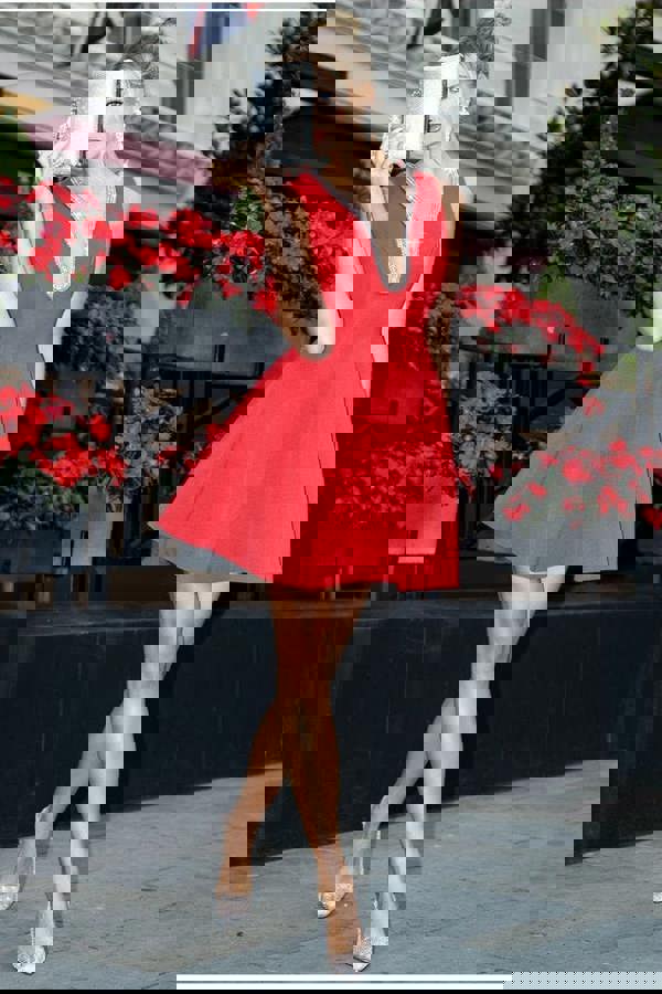 Diamante Embellished Neck A-Line Mini Dress - Red DR4598