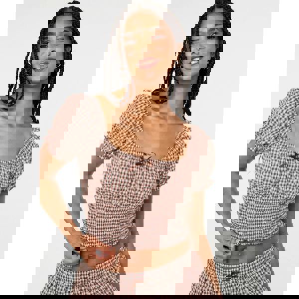 Pink Vanilla Gingham Puff Sleeve Crop Top