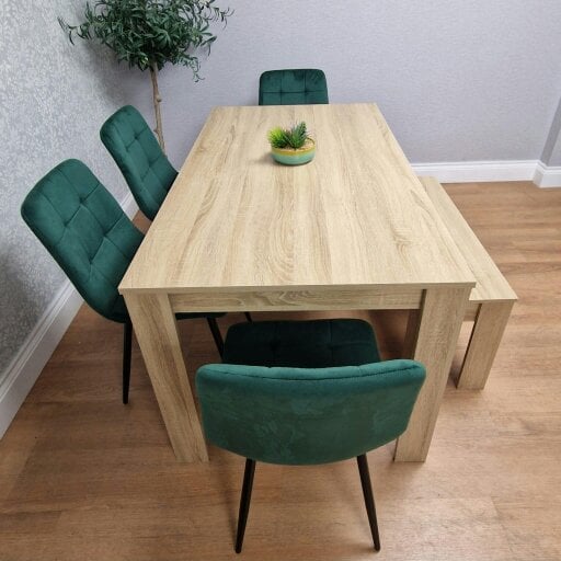 Kosy Koala Oak Effect Dining Table Set With 4 Green Velvet Chairs And Bench Dining Room Furniture