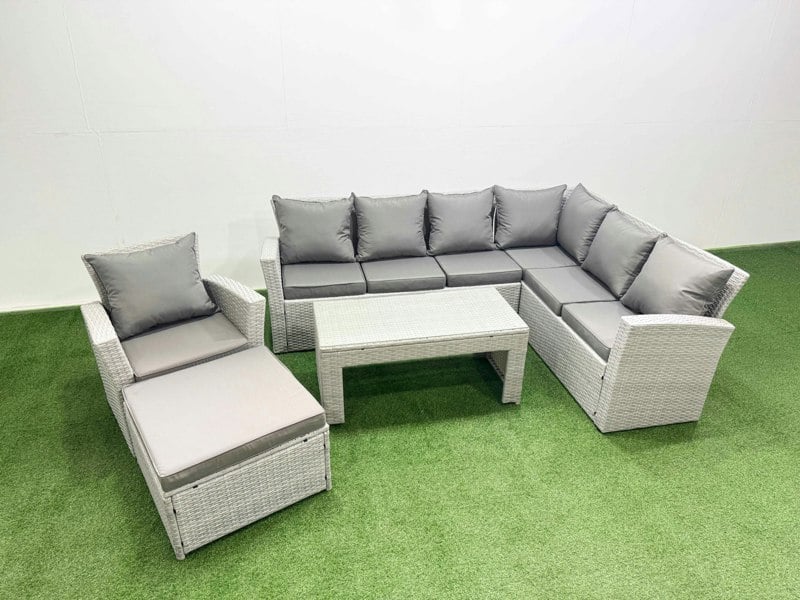 Fimous 8 Seater Garden Outdoor Rattan Furniture Set Rattan Corner Sofa Oblong Coffee Table with Big Footstools Light Grey Mixed