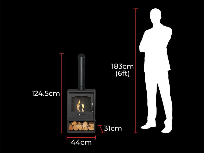 OKO S2 Bio Ethanol Stove with Log Storage in Charcoal Grey with Tall Angled Stove Pipe