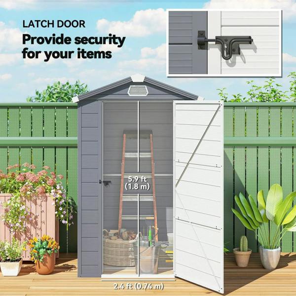 Grey wall shed with latch door and side window for secure storage