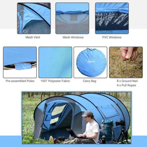 Pop-up camping tent with mesh vents, PVC windows, pre-assembled poles, and carry bag