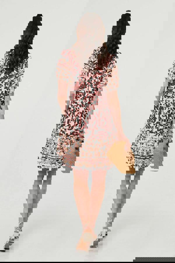 Brown | Border 1/2 Sleeve Short Shirt Dress
