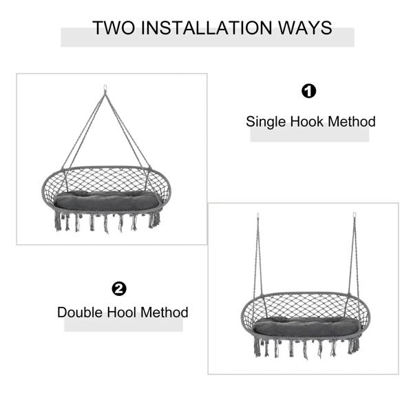 Round dark grey macrame hammock swing with hanging ropes for hook mounting configurations
