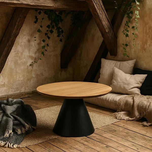 Wyld Haus Hamburg Round Oak Veneer Coffee Table Black Steel Pillar Base