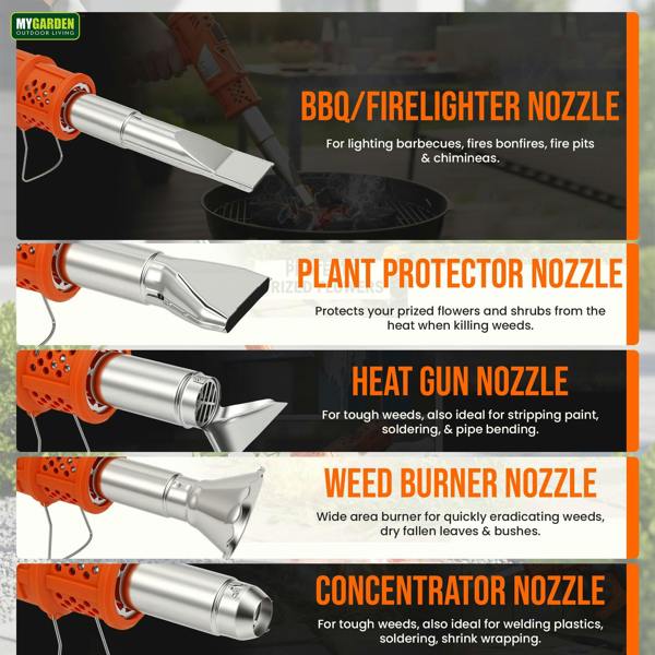 My Garden Outdoor Living My Garden 2000W Electric Weed Burner with 5 Nozzles, 2 Heat Settings, 650°C, 1.8M Cable UK Plug for Patios & Pathways