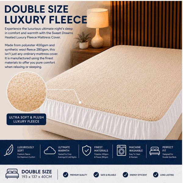Sweet Dreams Double Size Electric Heated Blanket Mattress Soft Fleece Throw 9 Heat And 9 Timer Settings Dual Controller Washable