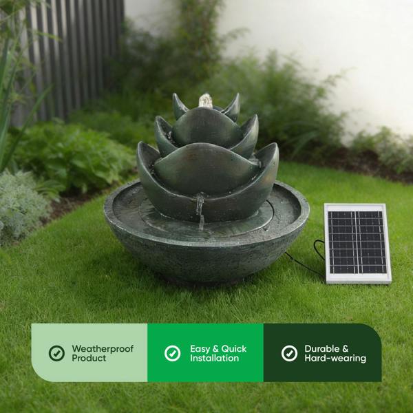 Gardenwize Solar Water Feature – 3 Tier Lotus Fountain with LED Lights & Battery Backup