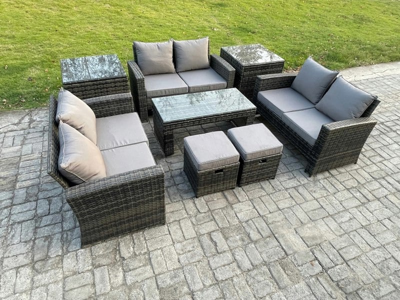 Fimous Outdoor U-Shape Sofa Set - Dark Grey Mixed PE Wicker Rattan Garden Furniture with Coffee Table & 2 Footstools