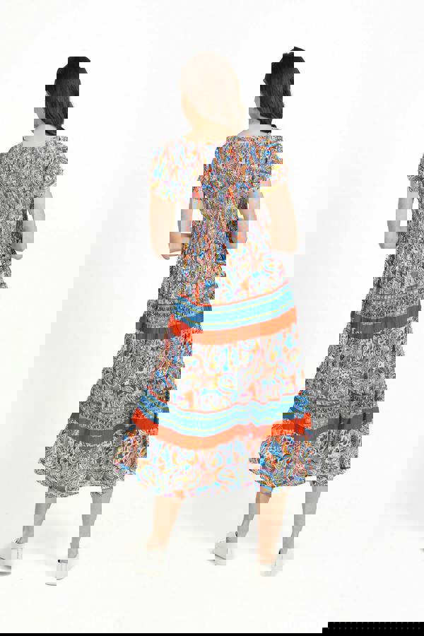 Mudflower Paisley Border Print Shirred Bodice Midi Dress