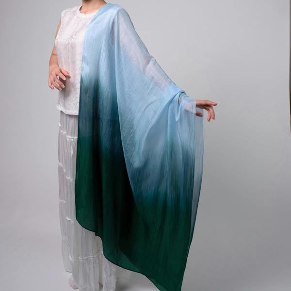 Blue & Emerald Ombré Silk Scarf – Hand-Dyed Mulberry Silk, Wedding Guest & Eid Wrap