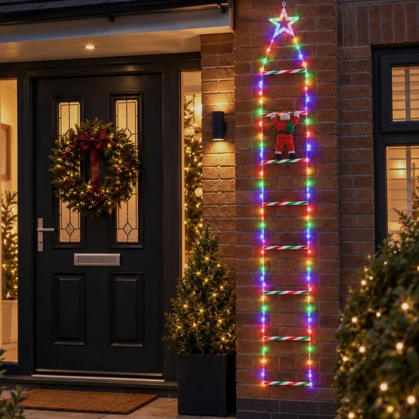 Samuel Alexander 1.92m Light up Santa Climbing Ladder Christmas Decoration with Multi-Coloured  LEDs