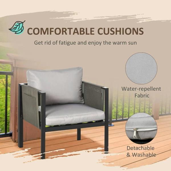 Light grey outdoor loveseat cushion with water-repellent look and detachable cover feature