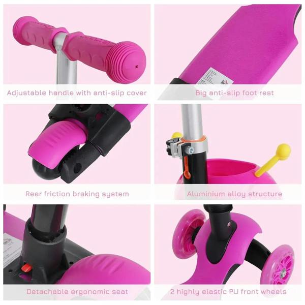 Pink kids scooter with anti-slip handle grips, rear friction brake, detachable seat