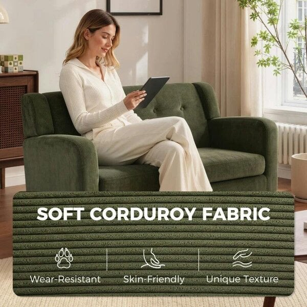2 Seater Sofa, 118 cm Corduroy Small Loveseat with Spring Cushion, Wood Legs for Small Space, Living Room, Dark Green