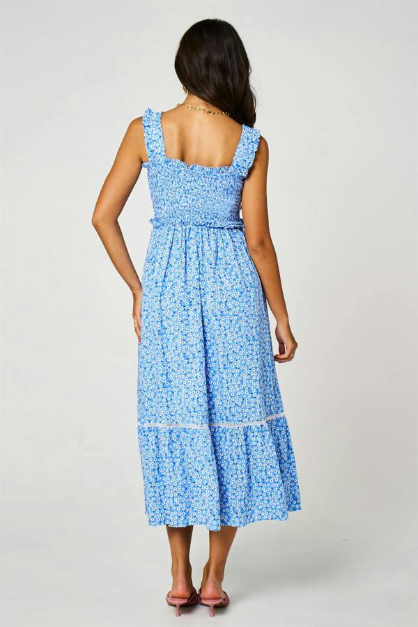 FS Collection Little Floral Print Hem Detail Maxi Dress In Blue