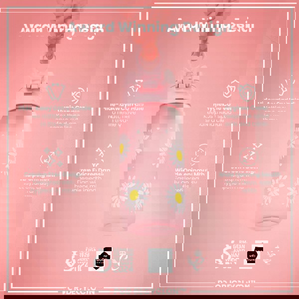 A pink water bottle, decorated with daisies, is being held. It features a hide-away handle, hygiene cover, and wide mouth. The bottle is an award-winning design.