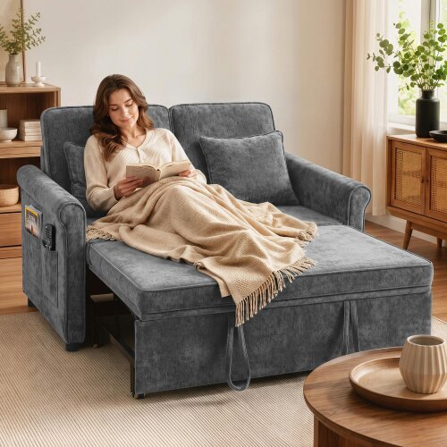 HOMCOM 2 Seater Sofa Bed, 3-in-1 Convertible Pull Out Sofa Bed, Grey