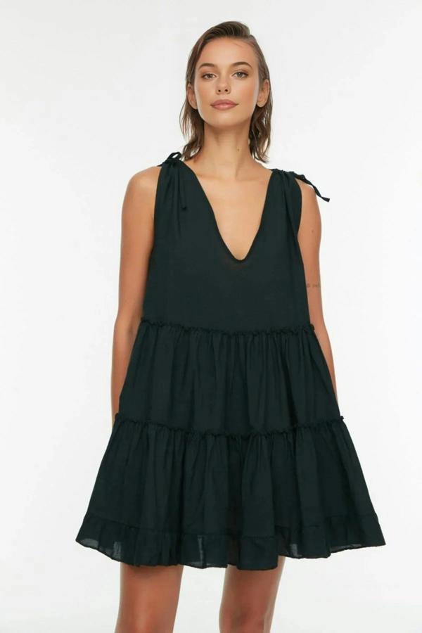 WOVCOR 100% Cotton Woven Ruffled Mini Beach Dress