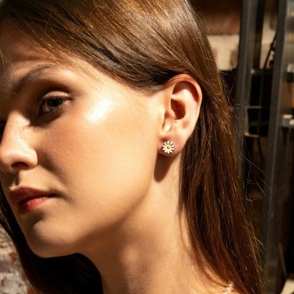 Spero London Enamel Daisy Stud Sterling Silver Earrings