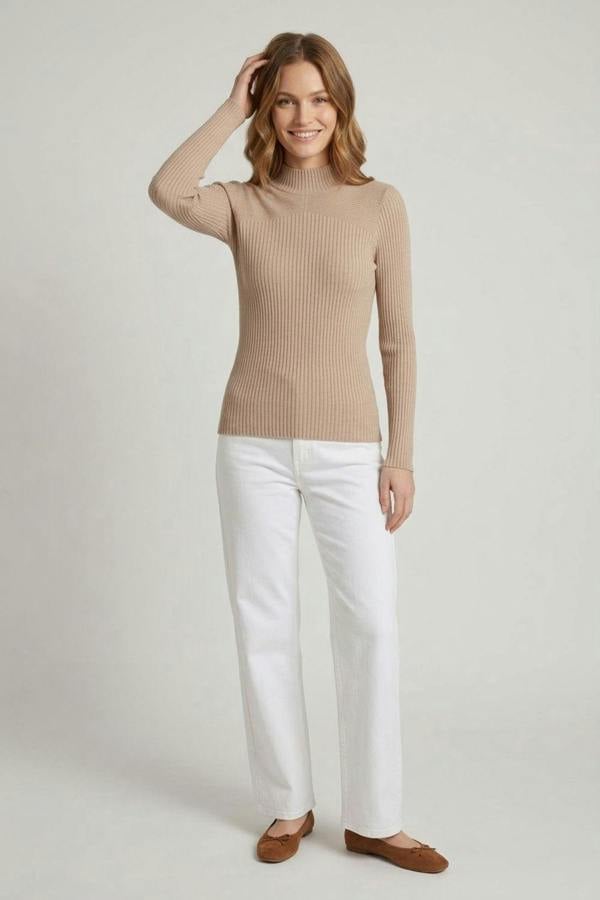 Beige | Striped Texture High Neck Slim Knit Top