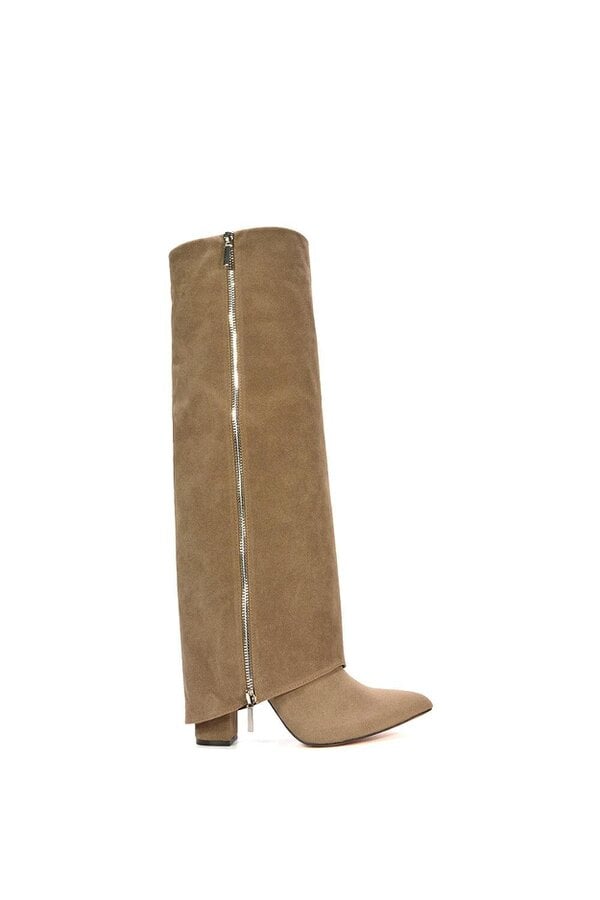 XY LONDON Knee High Boots Fold Over Point Toe Deco Zip - Taupe