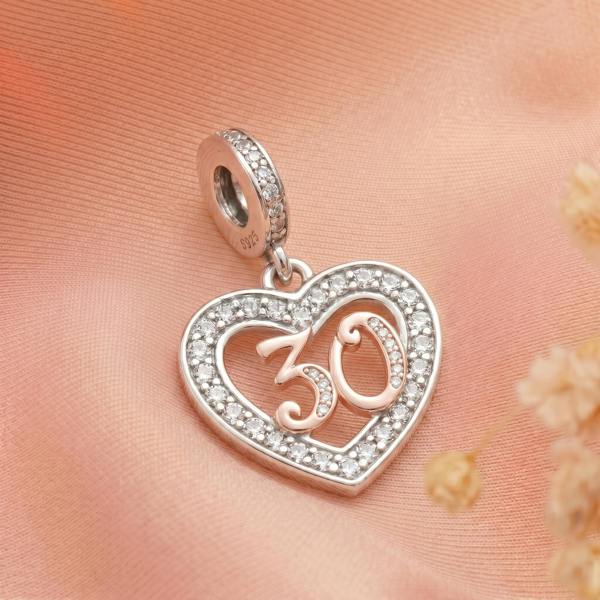 Parus Home 30th Birthday Charm Pandora Compatible 925 Sterling Silver Heart Dangle, Womens Gift for Bracelet
