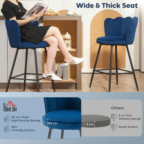 Wyld Haus Yovafi Set Of 2 Dark Blue Velvet Upholstered Lotus Style Bar Stools