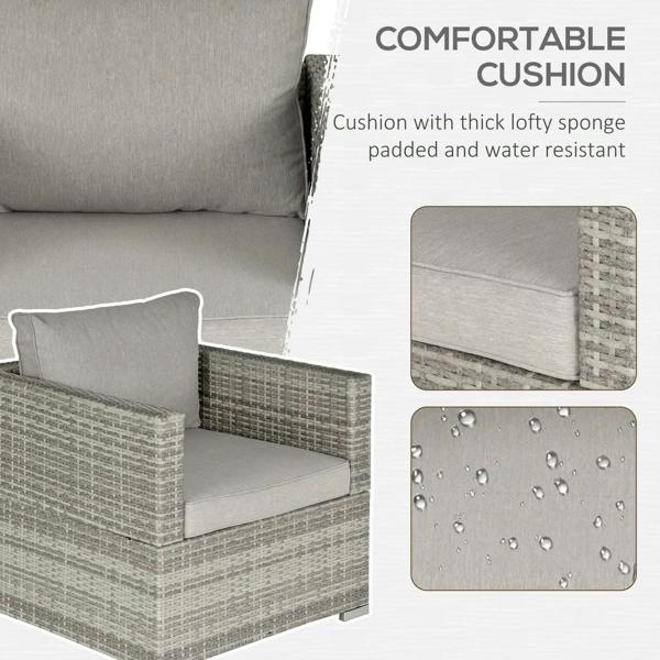 Grey padded single seater armchair with thick cushion and water-resistant cover detail
