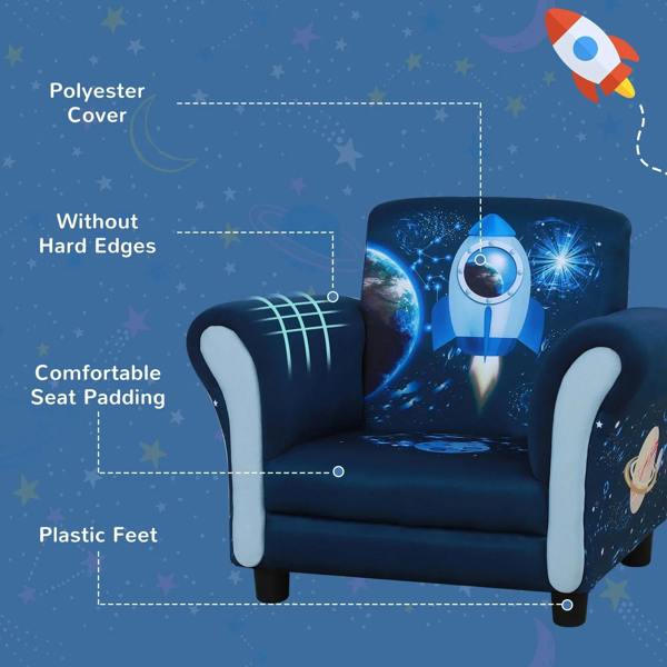 Blue children’s armchair with rocket space print, wide padded arms, plastic feet
