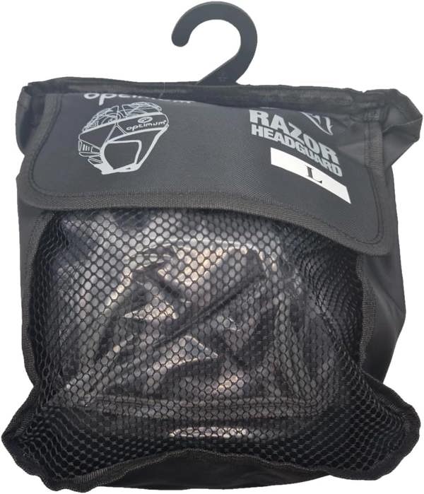 Optimum Razor headguard in black mesh drawstring bag with hanger and branded label, on white - Optimum