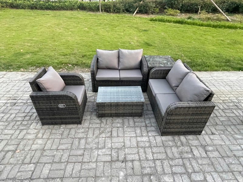 Fimous High Back Rattan Garden Lounge Set - Dark Grey Mixed Indoor/Outdoor Patio Sofa with Loveseat, Rectangular Coffee Table & Side Table