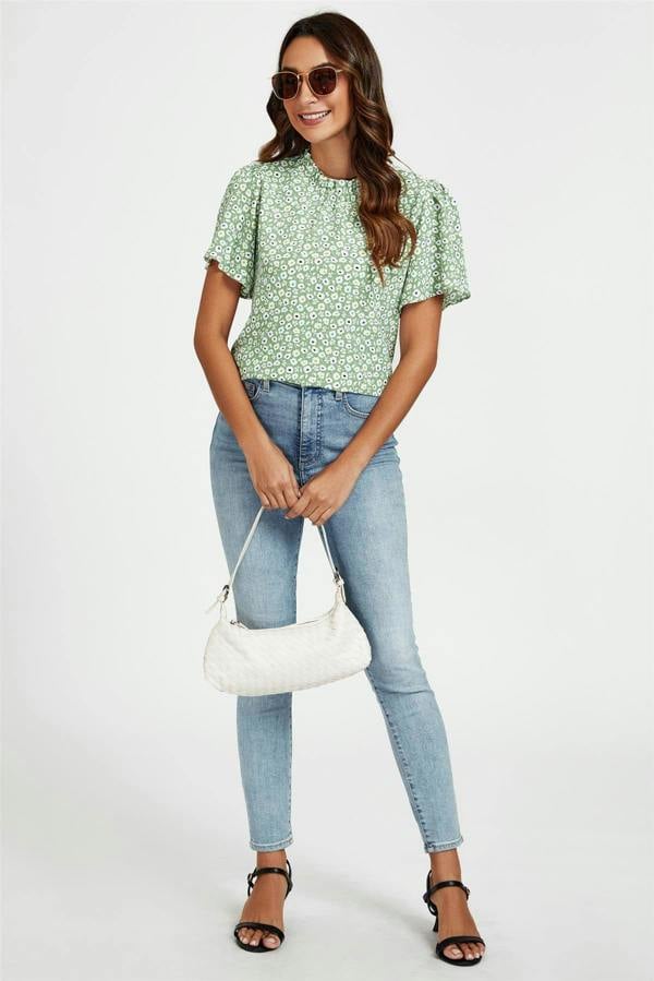 FS Collection Little Floral Print Angle Sleeve High Neck Top/Blouse In Green