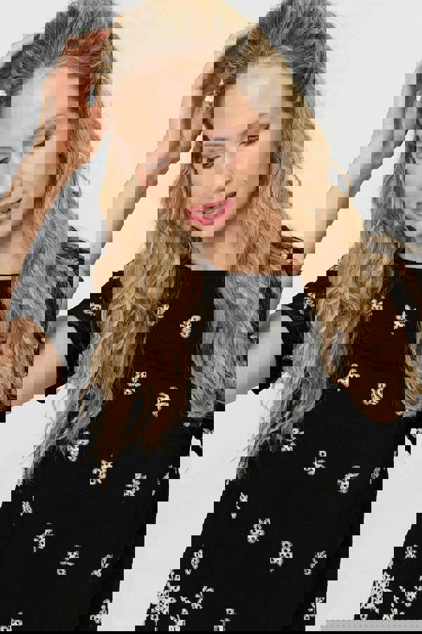 Black | Floral Embroidered Short Sleeve Top