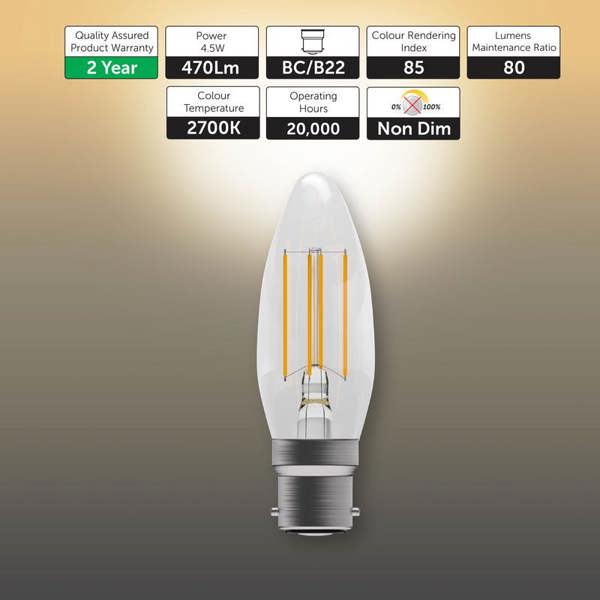 BELL Lighting B22 LED Filament Candle 4.5W Energy Saving Light Bulbs