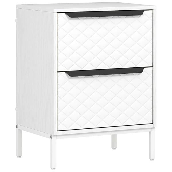 White dresser with 2 fabric drawers, quilted panels, and aluminum handles