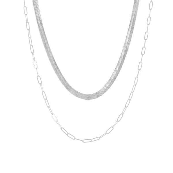 Spero London Herringbone and Rectangular Sterling Silver Necklace Layering Set