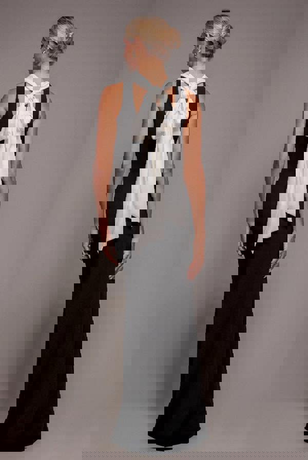 Contrast Crepe Halterneck Maxi Dress With Sash - Black Cream DR5044