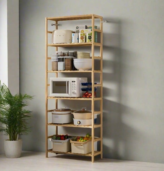 Modcraft 6-Tier Bamboo Bookshelf, Adjustable Free Standing Shelf Unit for Kitchen, Bathroom, or Living Room