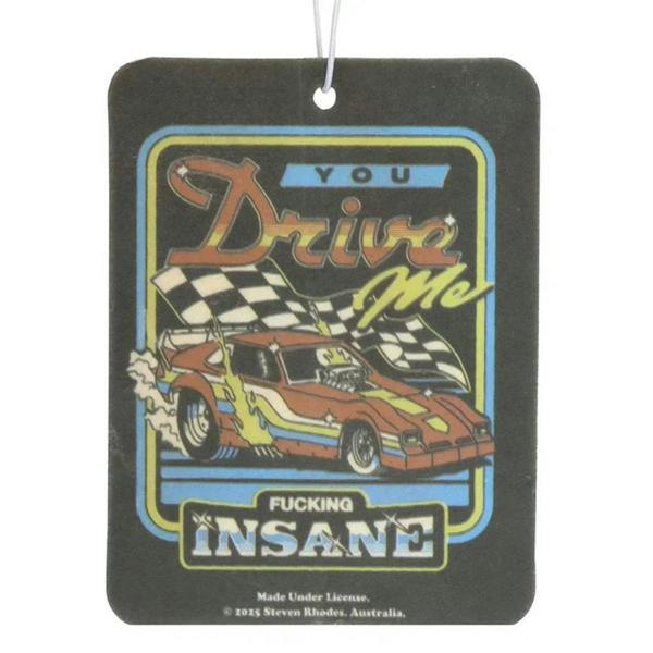 Black air freshener tag with colorful car artwork and hanging loop