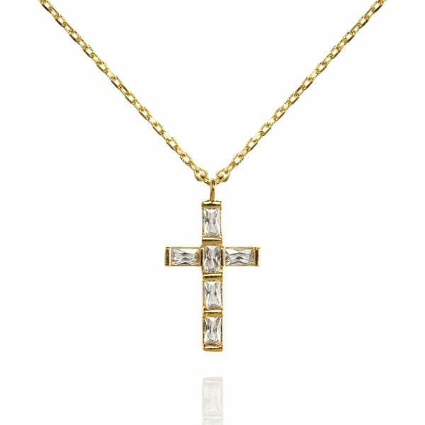 Gold Cross Pendant Necklace with Baguette Cubic Zirconia - namana.london