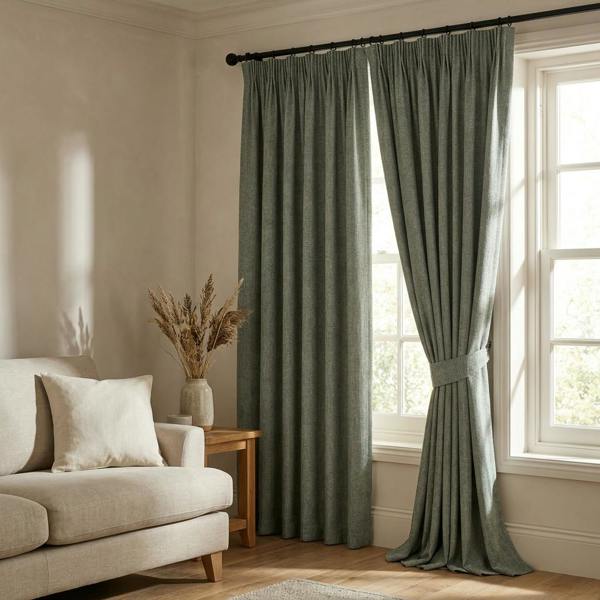Devonshire made-to-measure curtains in Forest, styled in a living room