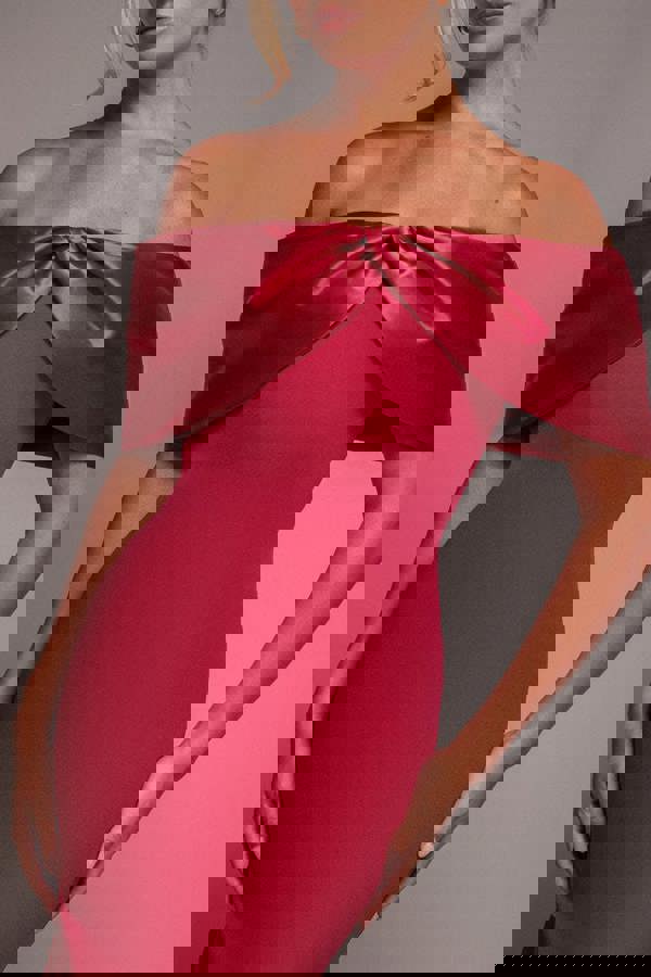 Twist Knot Satin & Scuba Bardot Maxi Dress - Magenta DR4575