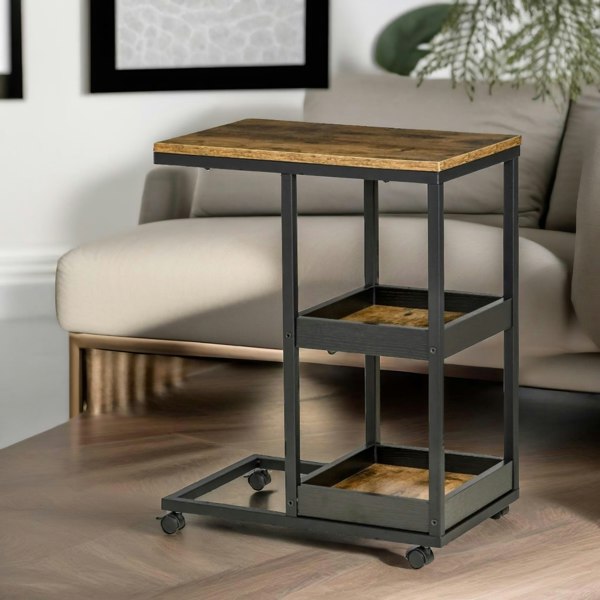 Rafaelo Mobilia Industrial C Shaped Side Table 3-Tier With Wheels