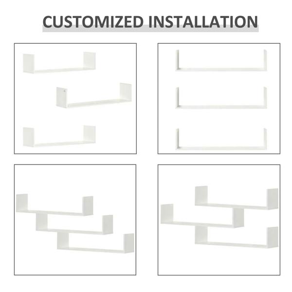 White U-shaped floating wall shelf installation layout with different bracket placements